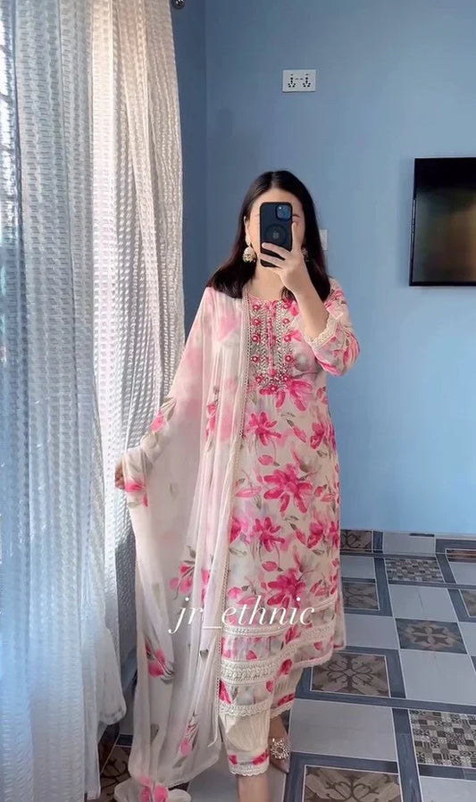 Pink stunning Floral Suit Set With Dupatta